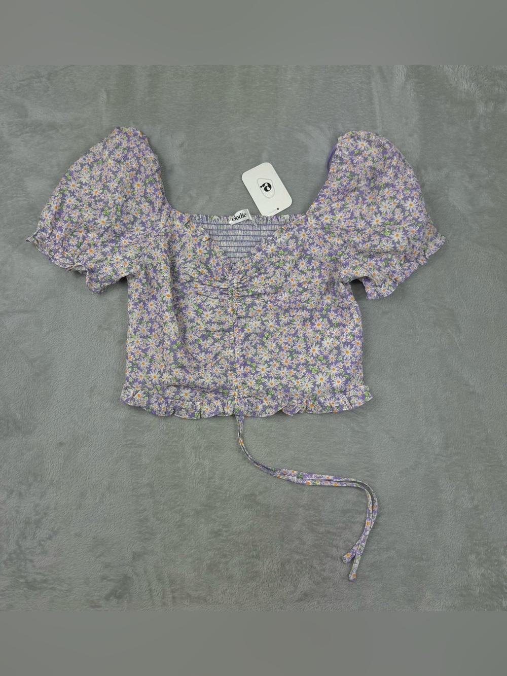Elodie Ruffle Ruched Crop Top in Purple Floral Puff Sleeve Women's